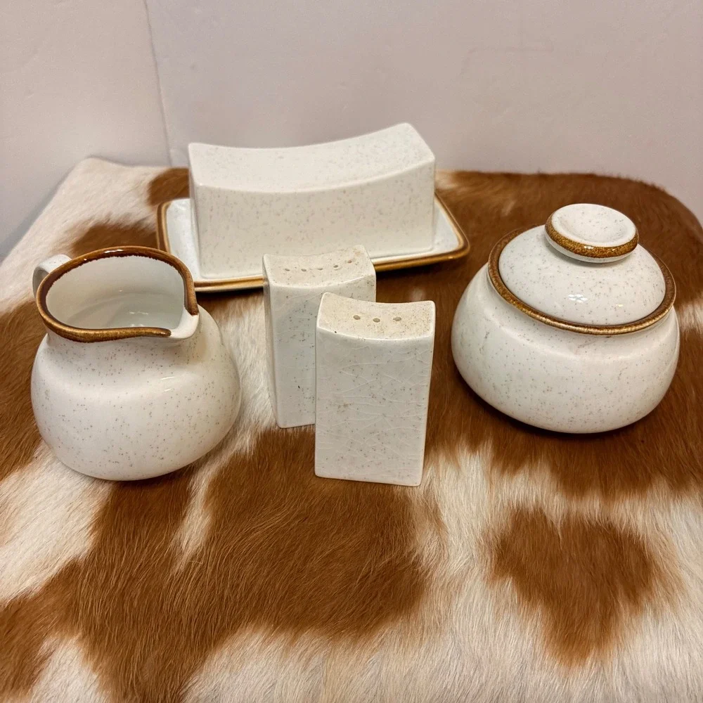 VTG Mikasa Natural Beauty C9000  Stoneware Butter Dish Creamer Sugar Set Japan